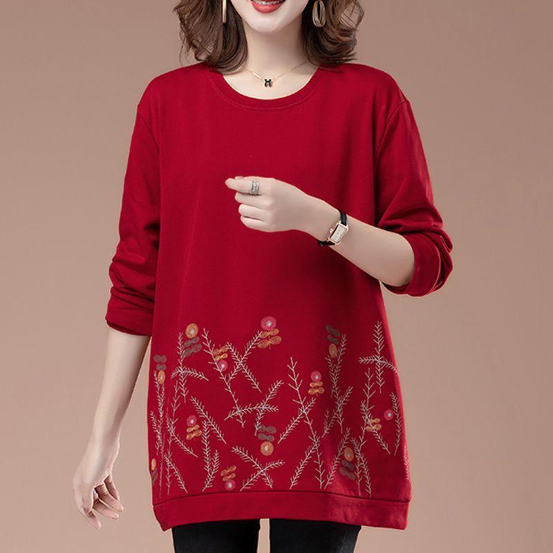 

Женская футболка с круглым вырезом большого размера Осень и Зима Новая Свободная Миди с длинным рукавом Принт Карман Фолк Повседневная Толстовки Топы XXXL красный