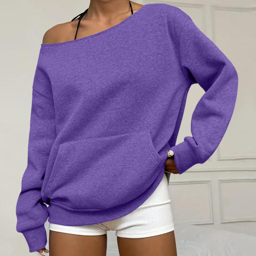 Women's Casual Fashion Solid Color Off-shoulder Long-sleeved Loose Sweatshirt With Pockets
