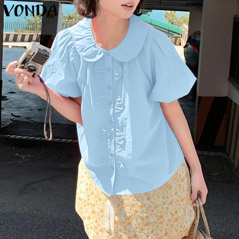 VONDA Blusa Casual de Manga Corta Abullonada con Botones Laterales y Volantes Sólida para Mujer