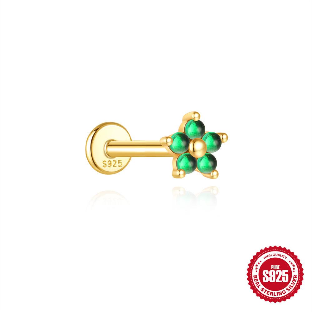 S925 Sterling Silver Green Fresh Retro Red Color Flat Head Stud Earrings Round Personality Versatile Earbone Stud Puncture