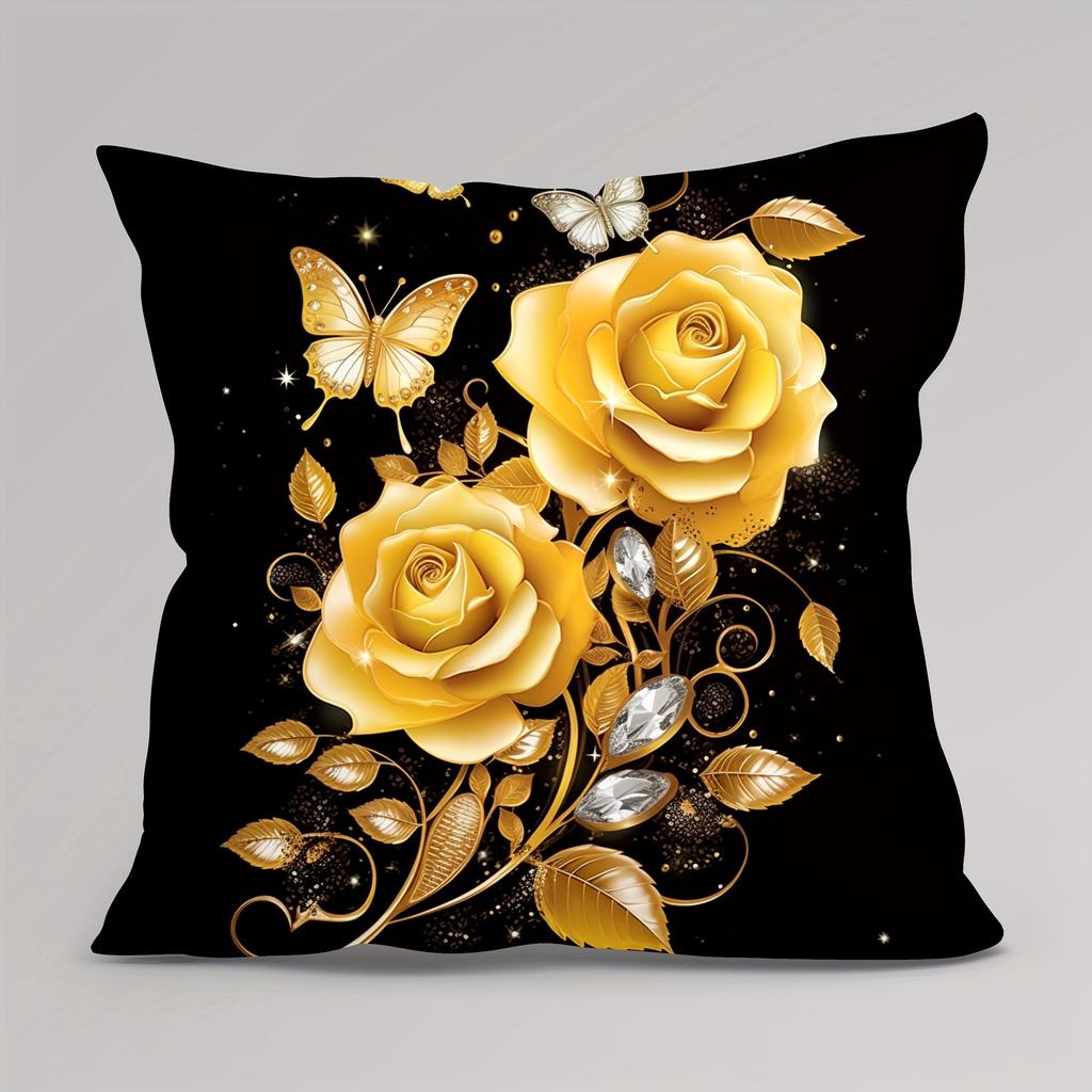 Golden Rose Butterfly Pattern Printed Pillowcase, Home Room Decoration, Soft and Comfortable, Sofa and Chair Cushion Cover