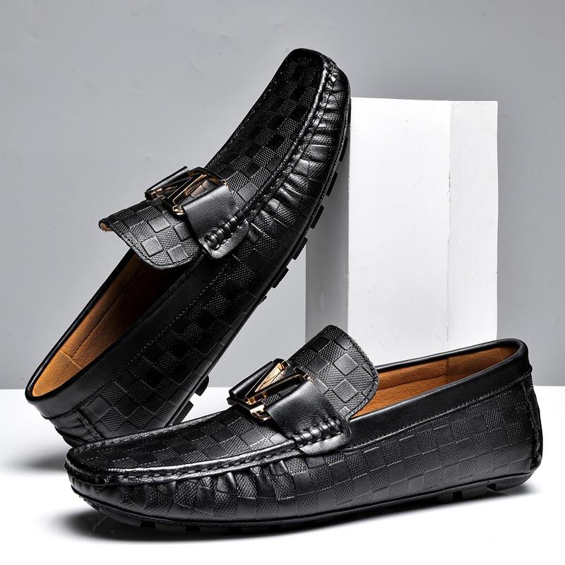 Embossed Plaid Leather Casual Shoes Doudou Shoes Trendy Round Head Versatile Men's Shoes Lazy Driving Shoes