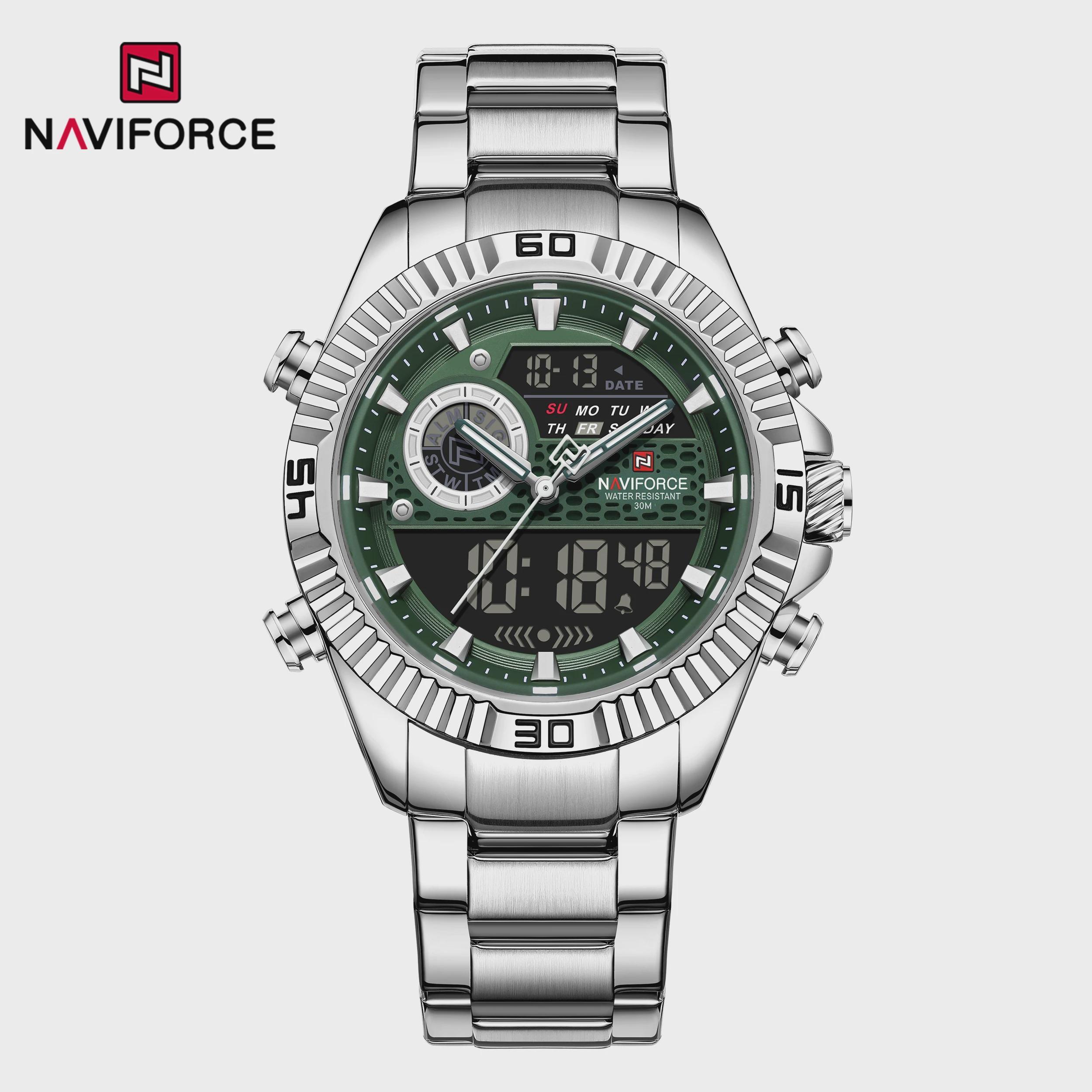 

Men Quartz Watches Business Classics Stainless Steel Wrist Watch Multifunctional Led Digital Double-display Watch Silver strap зелений