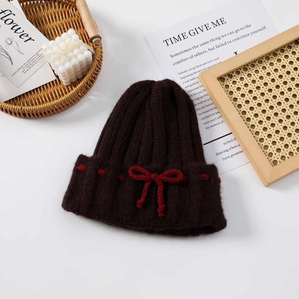 Winter 2025 Bow White Knitted Wool Cap Women's Plush Warm Big Head Circumference Baotou Hat Ear Protector Hat