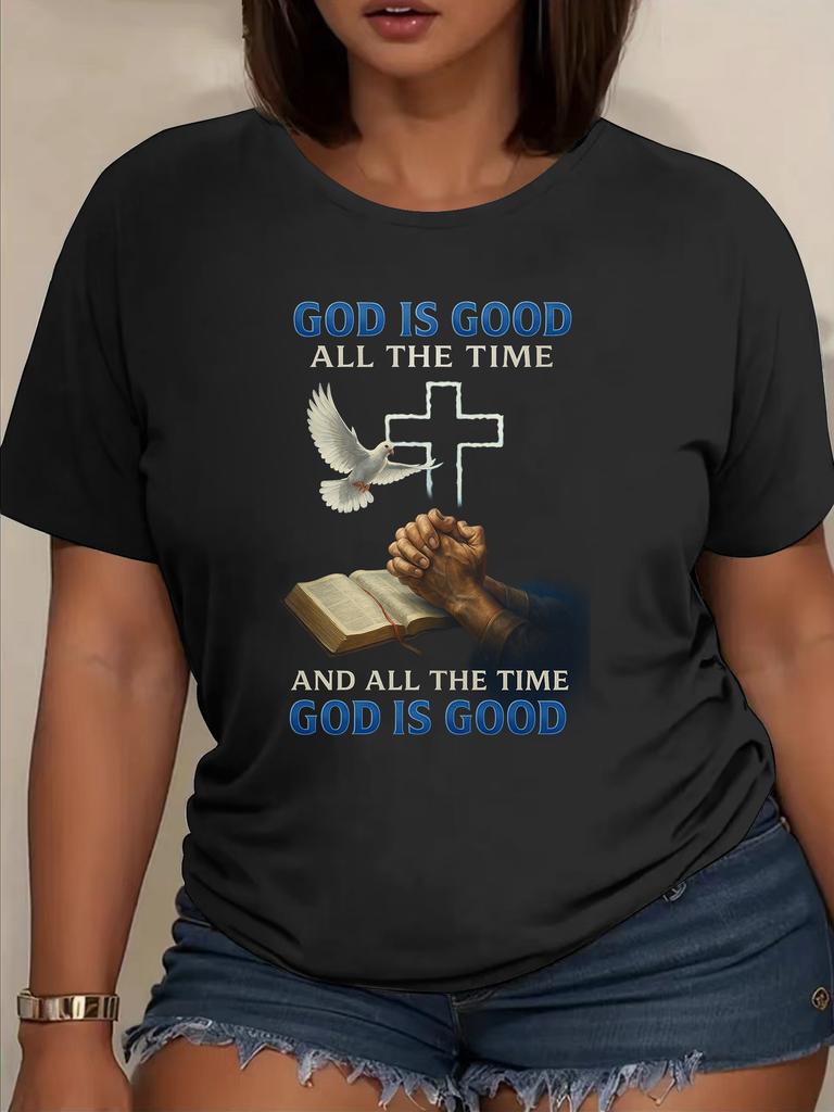 European size Pray to God Printed T-Shirt, Fashionable Style,  Casual Short-Sleeved T-Shirt, Round-Neck Top, Patterned Printed Round-Neck T-Shirt