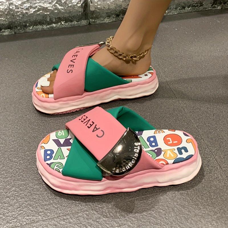 Women's Cute Cartoon Platform Slide Sandals - Open Toe, Thick Sole, PU Cover, All-Season Fashion Shoes