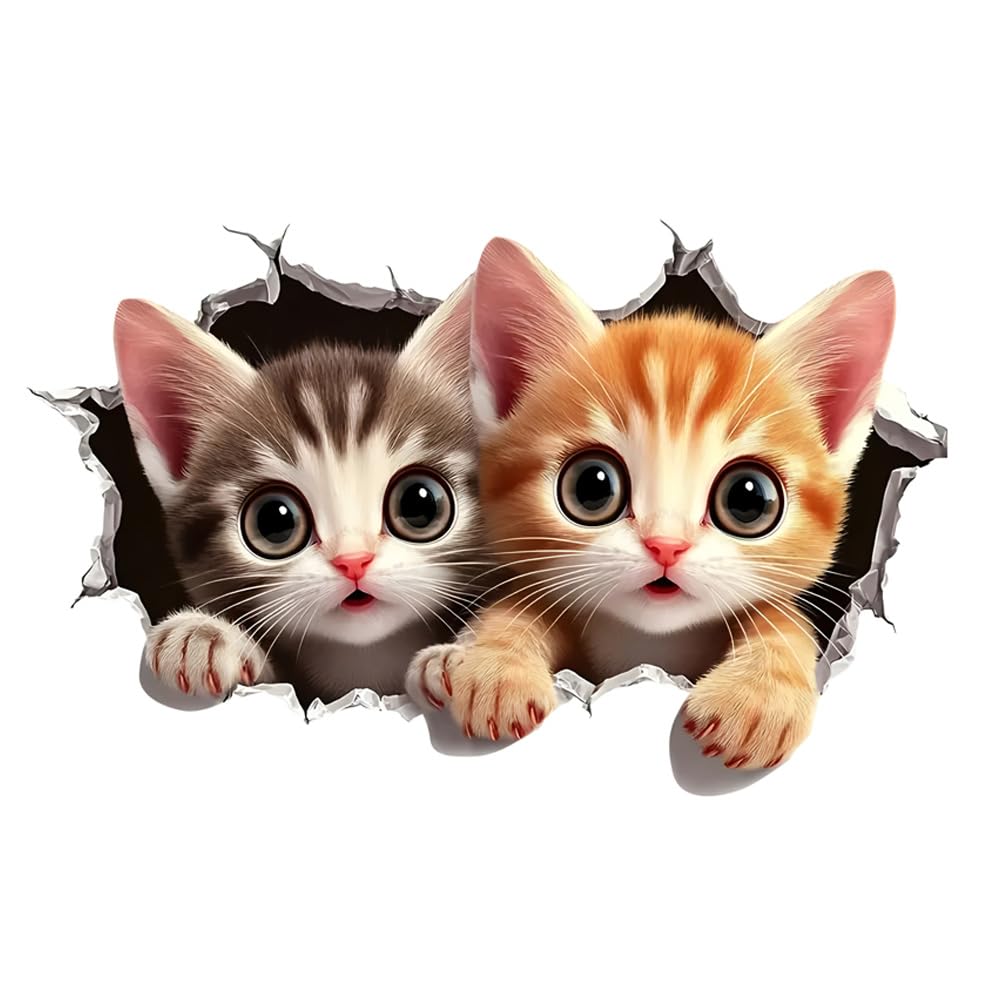 2 X Cat With Holes On Wall Funny Car Decals - Self Adhesive Cartoon