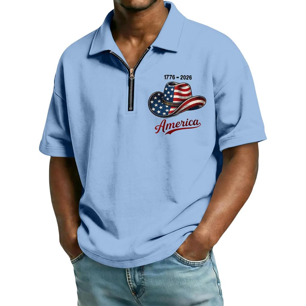 Men's Casual Loose Fit Polo Shirt with Flag and Lettering Print Half Zip Collar Short Sleeve Top for Everyday Wear