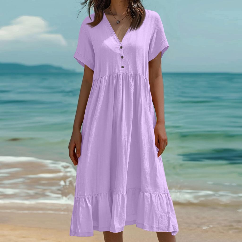 Omens Mode Farbe Kurzarm Baumwolle Leinen Patchwork Faltenkleid