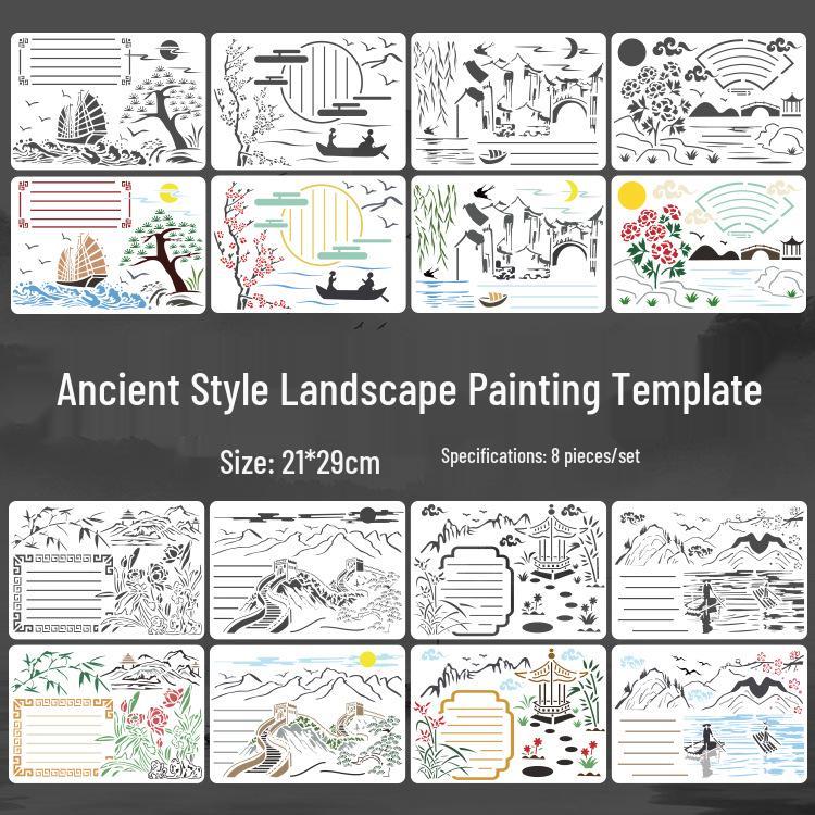 A4 Chinese Style Landscape Hand-painted Template Ruler for DIY Hollow-out Painting