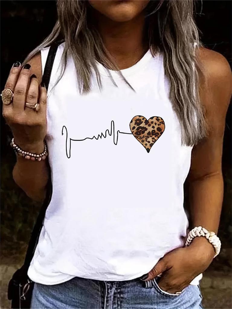 Vintage Vest T-shirt Leopard Heartbeat Tshirt Graphic Print Tank Top Women’s Sleeveless Crew Neck
