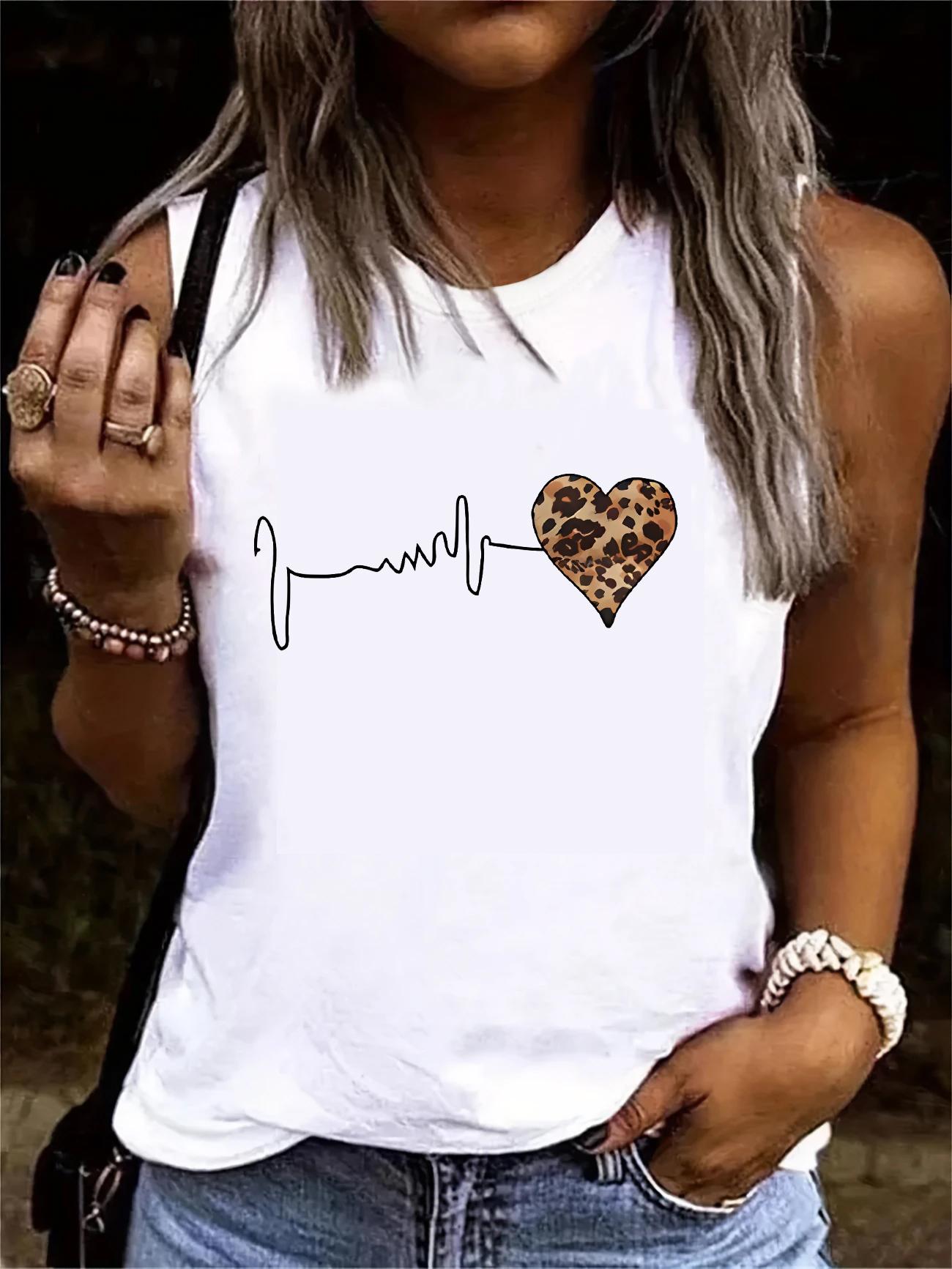 

Vintage Vest T-shirt Leopard Heartbeat Tshirt Graphic Print Tank Top Women’s Sleeveless Crew Neck L