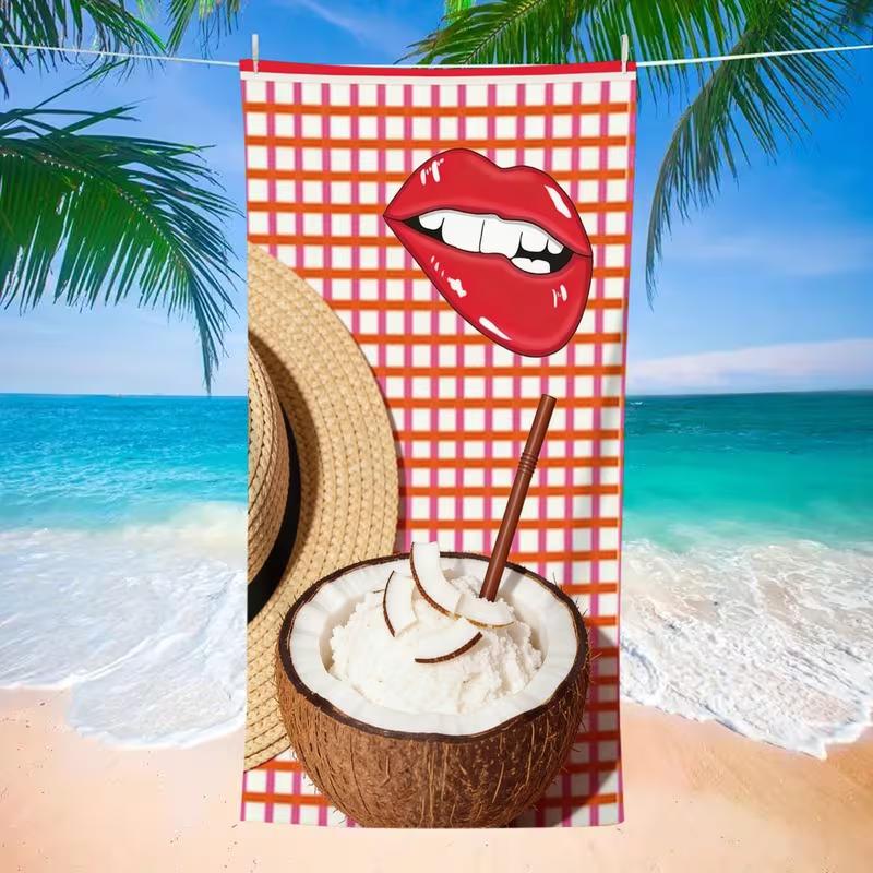 Retro Pop Art Red Milkshake Lips Beach Towel Soft Absorbent Towel Pink Sunglasses Checkered Print Quick-Dry Lightweight Towel
