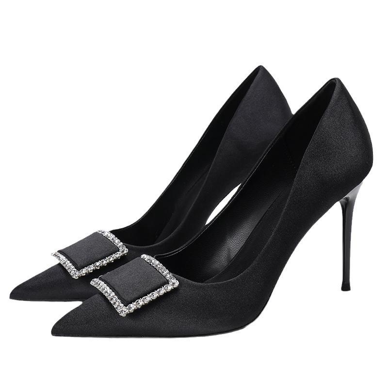 Sense High Heels Women's 2025 New Temperament Design Sense Niche Square Buckle Rhinestone Pointed Thin Heel Single Shoes Women