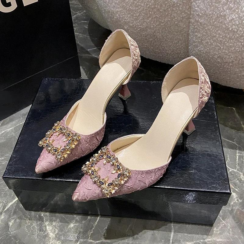 Fashion Women High Heel Pumps 6cm/9cm  Pointed Toe Stiletto Low Heel Women's Shoes Office Lady Rhinestone Shoes Pink Heels  Wedding