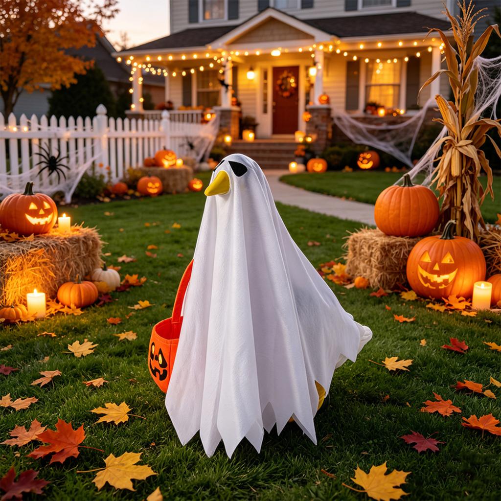 23 Inch Halloween Ghost Decoration with Bow Tie and Pumpkin Bucket Indoor Outdoor Hanging Prop for Porch Yard Party