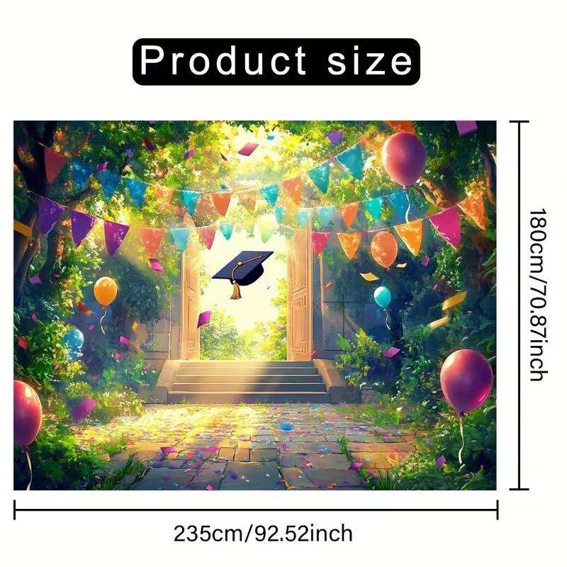 2D Graduation Garden Backdrop, Colorful Bunting, Balloons and Grad Cap Background