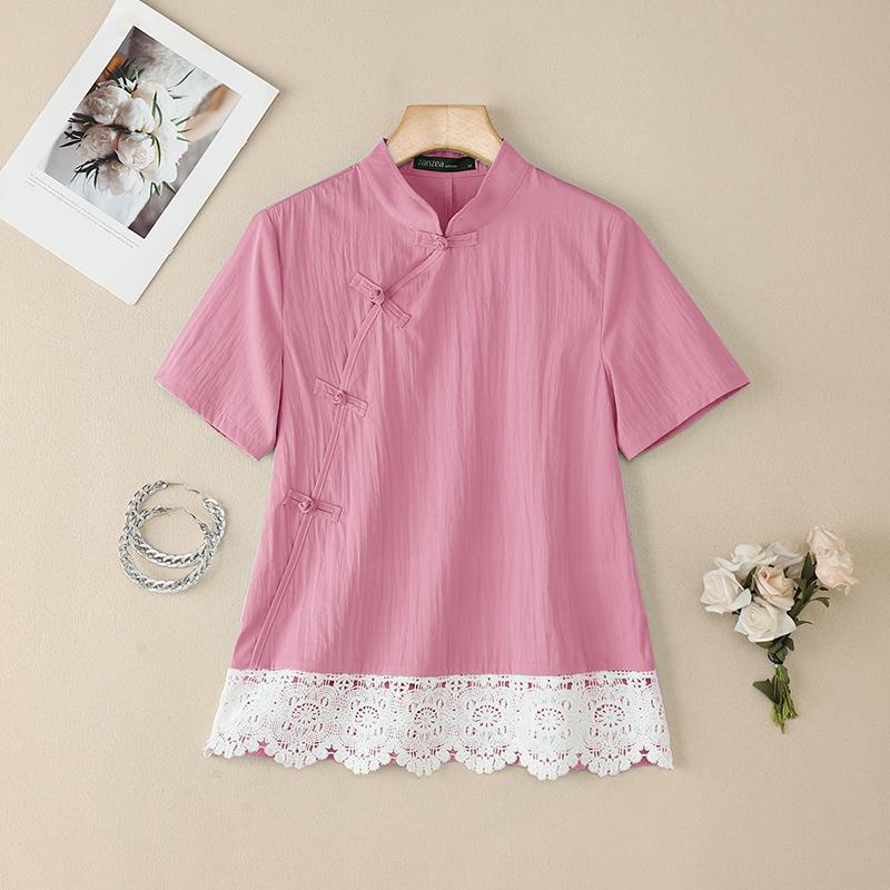 

ZANZEA Женская летняя блузка с коротким рукавом, кружевной вставкой и воротником-стойкой 5XL розовый