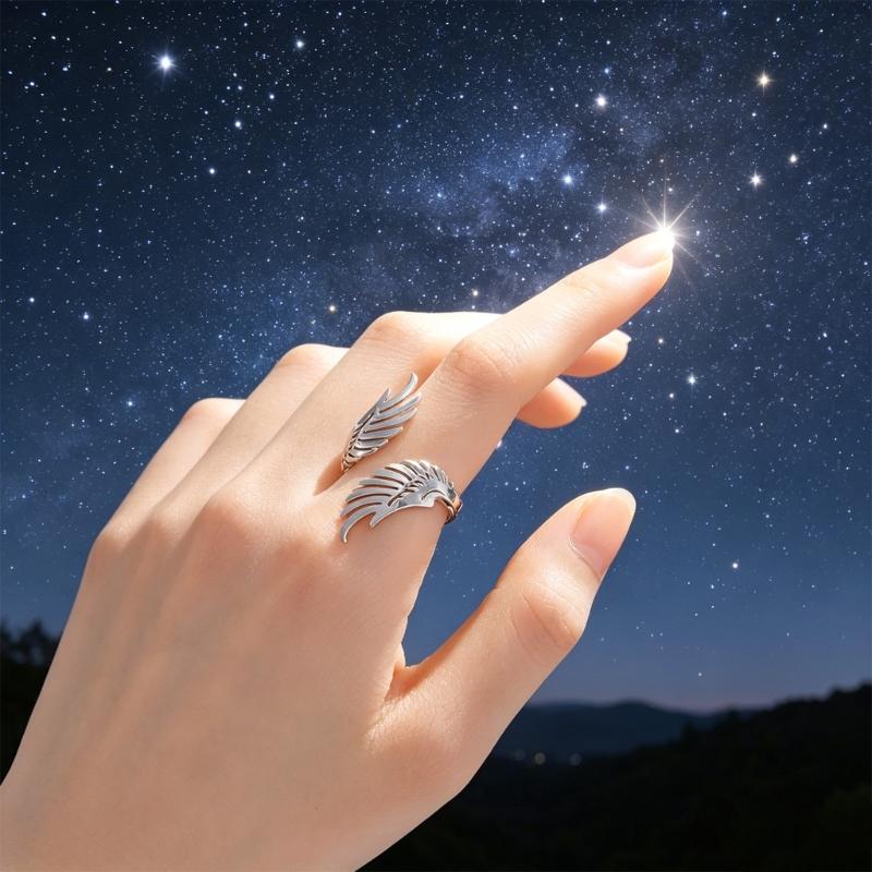 Adjustable Dating Rings Wing Shape Opening Rings Vintage Finger Jewelry Stainless Steel Texture for Party and Daily Wear