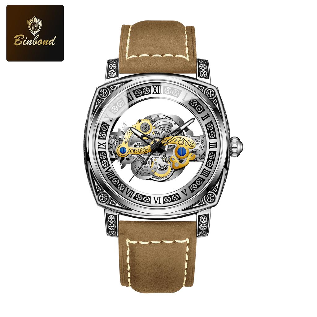 BINBOND Neue Herrenuhren Skelett Hohl Skelett Retro Herrenuhr Top Marke Luxusuhr Herren Armbanduhr Quarz