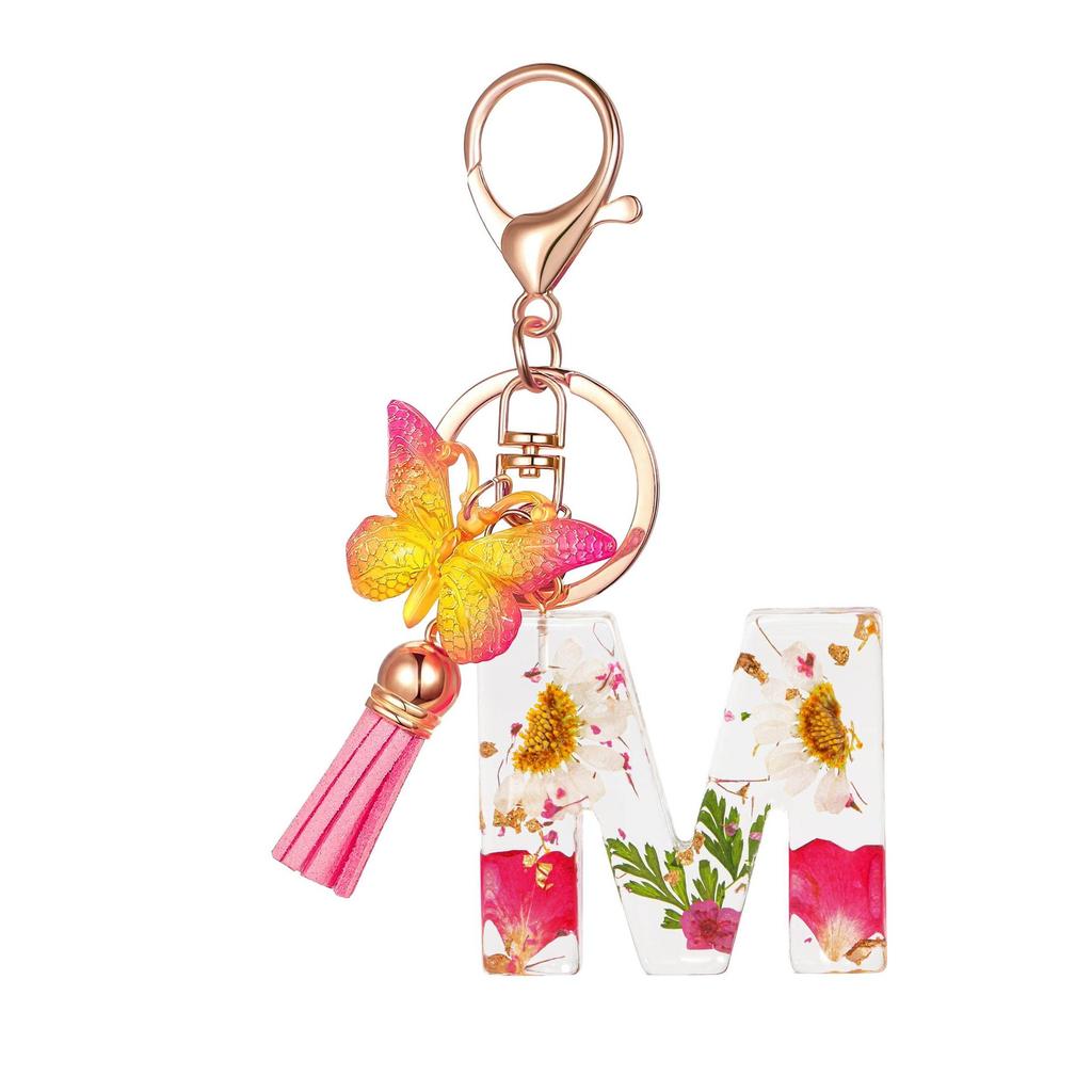 Flower Resin Keychain With Tassels And Butterfly Design 26 Letters Pendant Classic Retro Practical Durable Backpack Hanging Accessory
