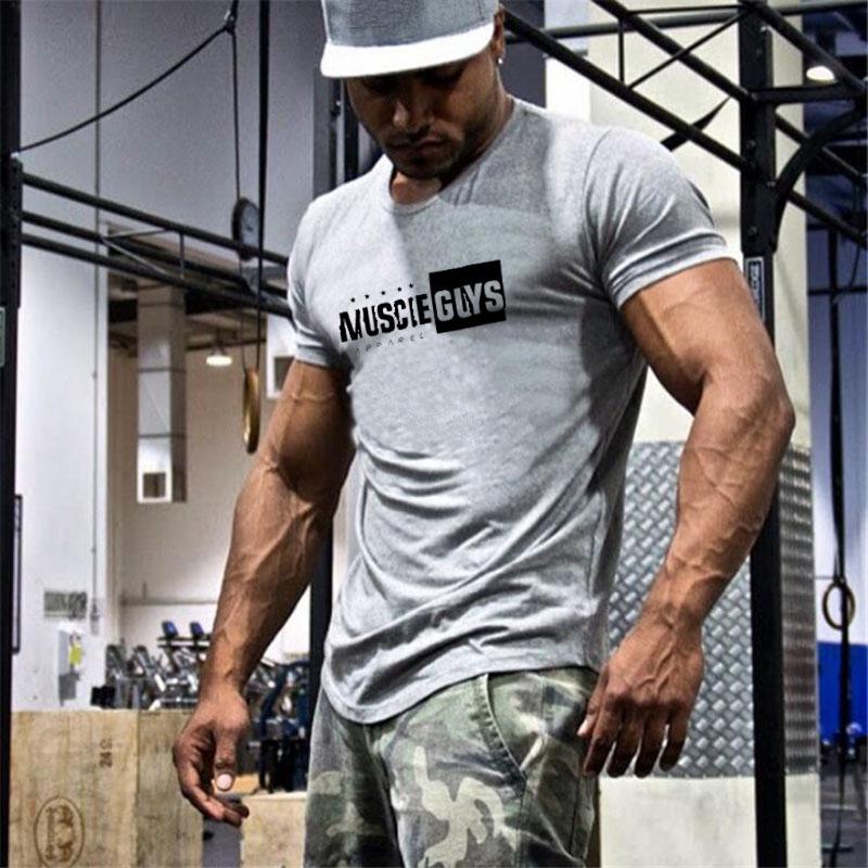 Gym Fitness Muscle Breathable Clothing Summer Cotton Short Sleeve Slim Fit T-shirts Gyms Bodybuilding Mens Casual Sport Shirts