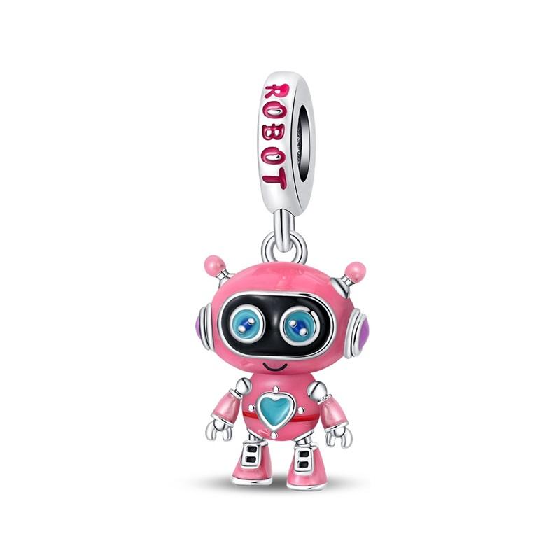 Lnlaid With Zircon Crown Charm Beads Copper Pink Robot Poodle Dangle For Original Braceletccharms Pendant Jewelry