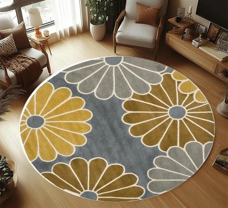 Vintage Abstract Bloom Round Rug, Blue Beige Retro Swirl Floral Art Printed Circular Floor Mat for Living Room Bedroom