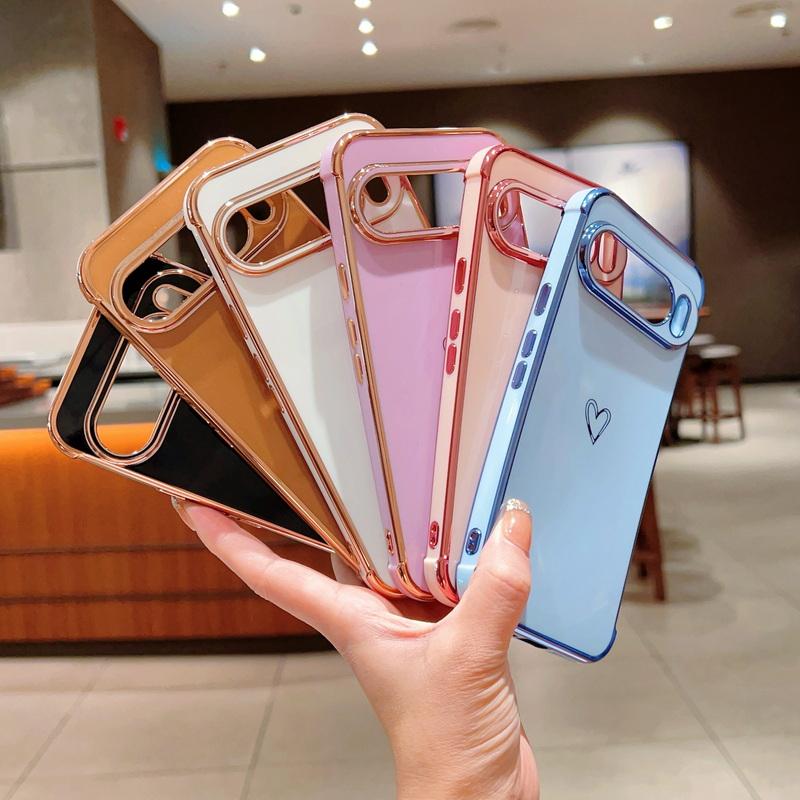 Capa brilhante com padrão de coração de amor para Google Pixel 9 Pro XL 8 Pro 8A 7A, capa de proteção de lente à prova de choque e macia de cor sólida