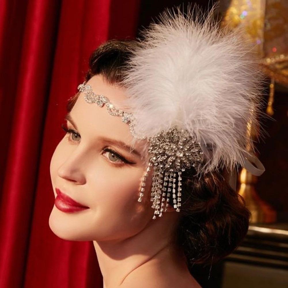 Vintage Cosplay Dress Headwear Crystal 1920s Hair Accessories Feather Headband Stage Performance