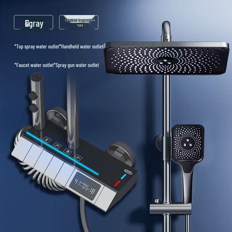

Серый Набор для душа из меди с термостатическим цифровым дисплеем и напорной дождевой лейкой