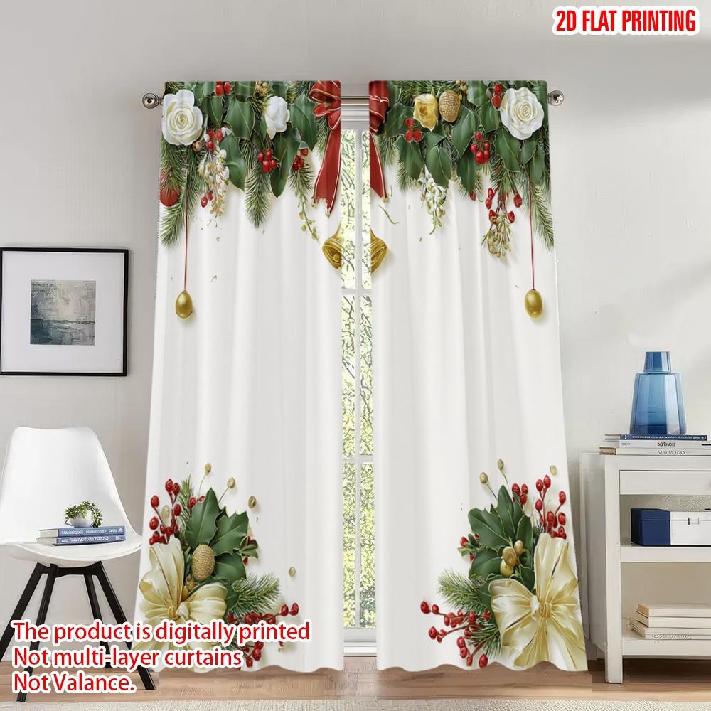 

Set Of 2 Flat Printing Christmas Scene Curtains Holly Bells White Roses Digital Printed Polyester Drapes Birthday Curtain W100*H70(CM)-Hooks&1PCS
