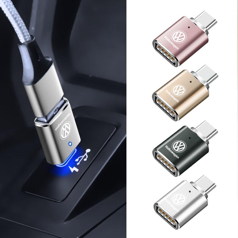 USB To Type-C Adapter LED Light OTG Micro TypeC Female Adapters Connector For Volkswagen VW Golf Amarok T5 Phaeton Teramont ID3