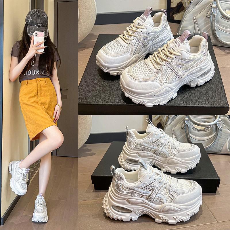 European station leather mesh platform dad shoes women 2025 new versatile round head lace-up casual sports shoes trendy shoes
