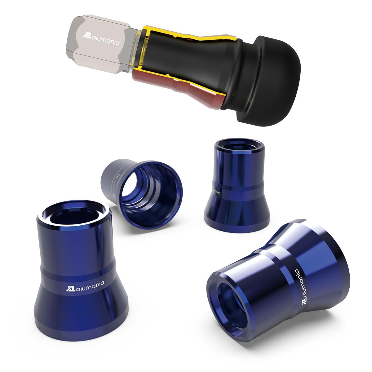 

Alumania Air Valve Stem Cover Blue Aluminum Full Billet Car Wheel Rubber Air Valve Protection VU-003-SS-BL Set of 4 TR413