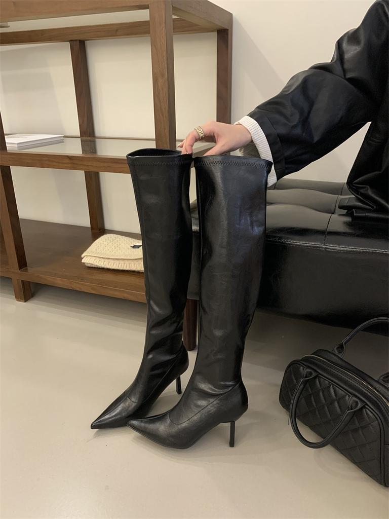 Brown High Heel Over Knee Pile Long Boots Women's Shoes 2025 New Autumn and Winter Pointed Skinny Knight Boots