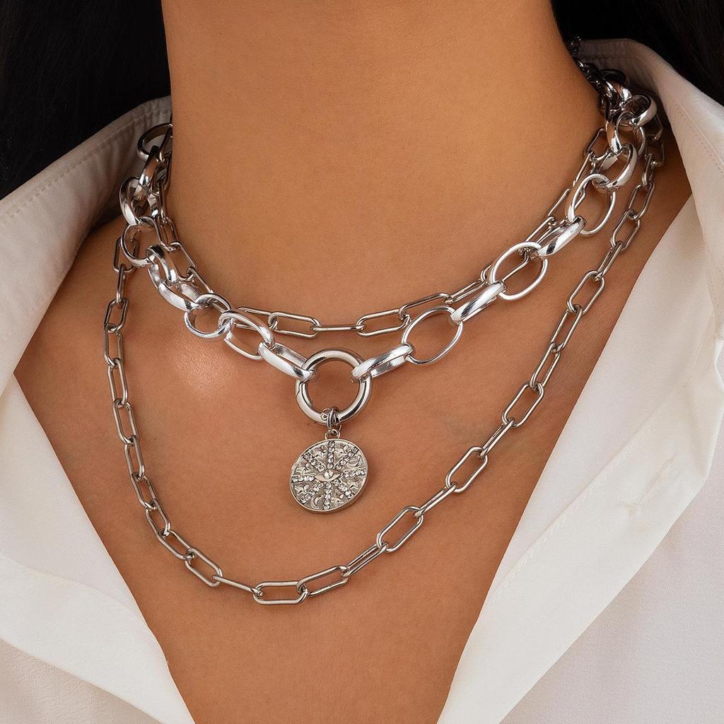 European & American Hip-Hop Cuban Alloy Necklace Set: 3-Piece Disc, Spring Clasp, Clavicle Chains