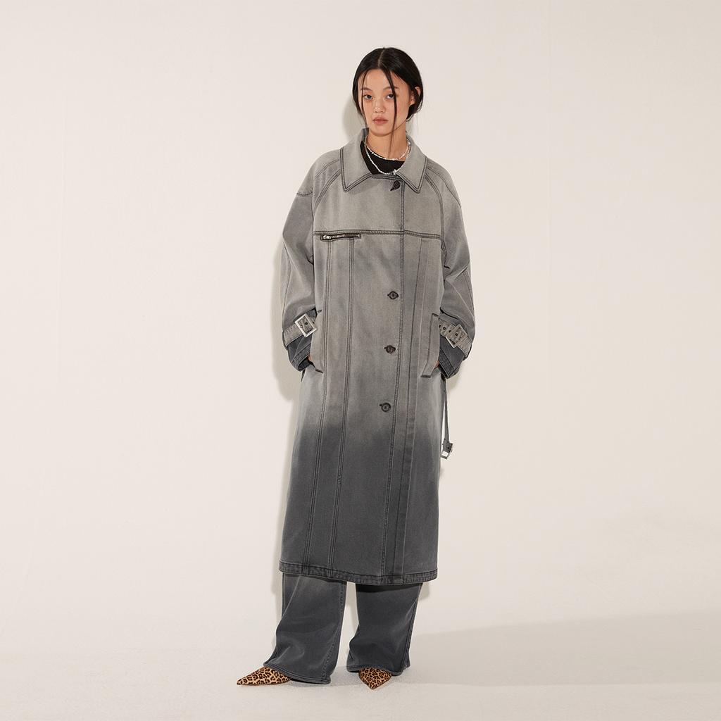 Salty Pebble Gradation Denim Trench Coat [Grey]