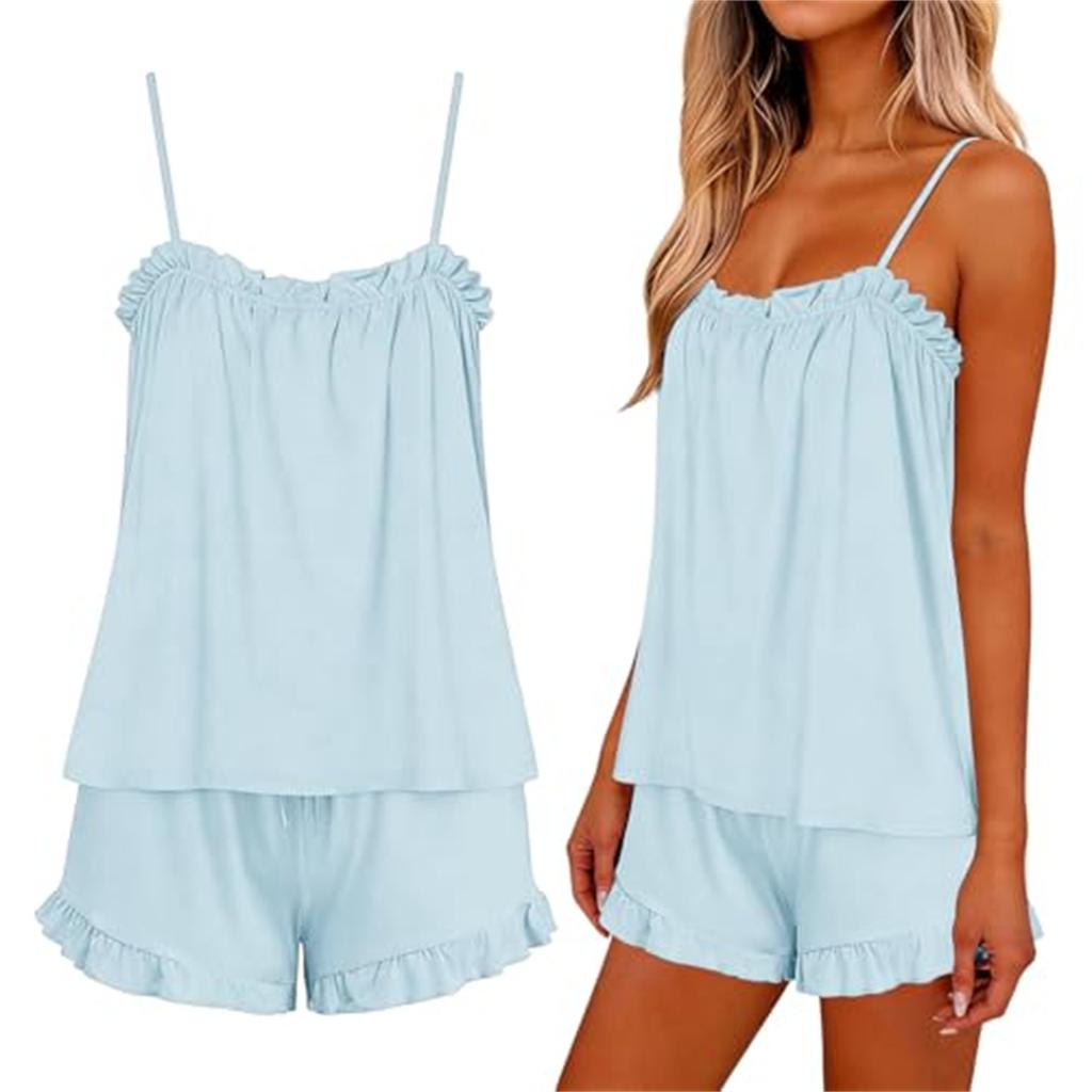 Women's Casual Two Piece Pajama Set Lightweight Sleeveless Top with Adjustable Straps and Elastic Waist Shorts Soft Lounge Sleepwear