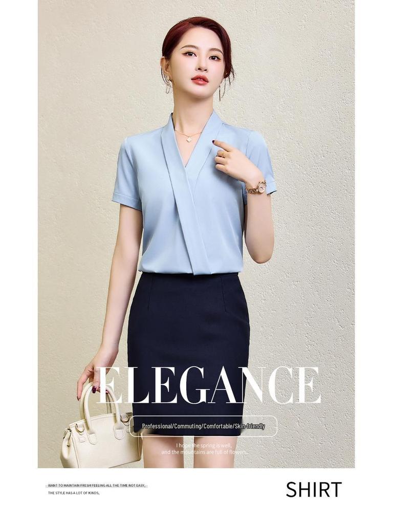 Women's Blue V-Neck Short-Sleeve Blouse - 2025 Summer Professional Wear
