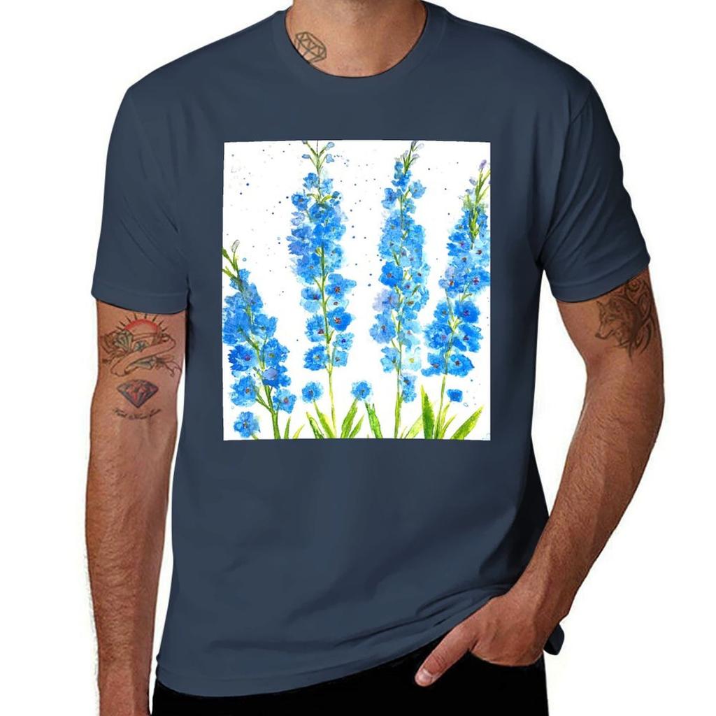 Blue Delphinium Flowers Watercolor Tshirt Daily Casual Short Sleeve Tee Shirt