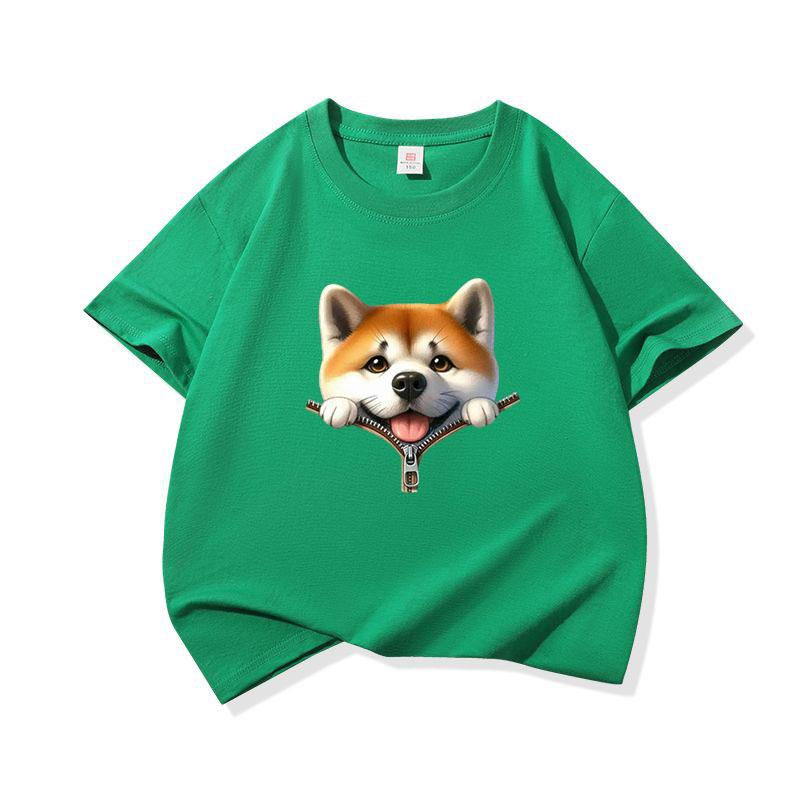 Kids Pure Cotton T Shirt Adorable Dog Zipper Print Crew Neck Short Sleeve Tee Casual Breathable Boys Girls Summer Tops