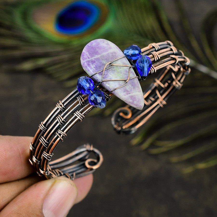 Natural Russian Charoite Gemstone Copper Wire Wrap Cuff Bangle Adjustable p9n68