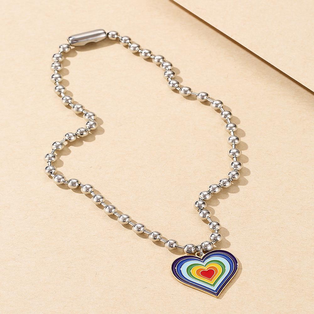 Stylish Multicolor Heart Pendant Necklace With Trendy Beaded Chain For Women