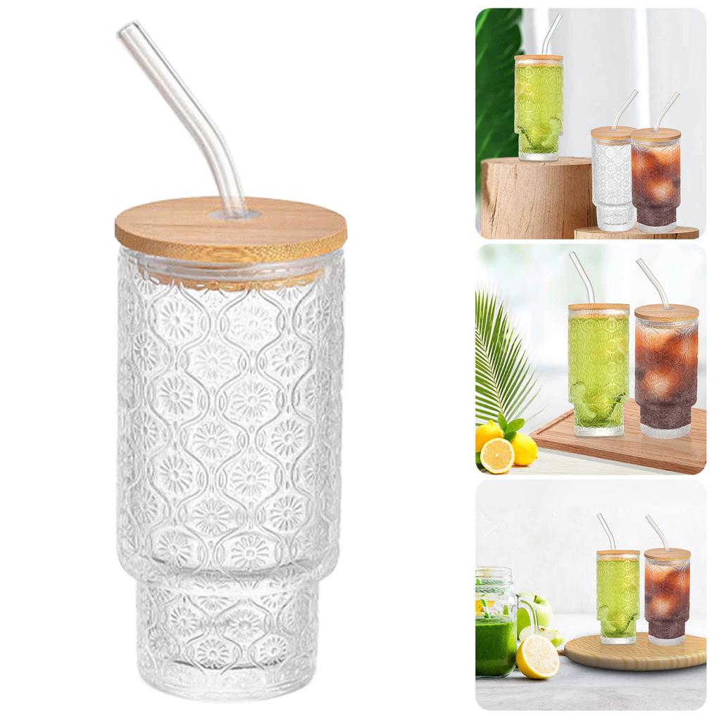 Beautiful Begonia Pattern Cup Reusable Glass Tumbler with Lid and Straw Perfect for Iced Coffee and Cold Beverages