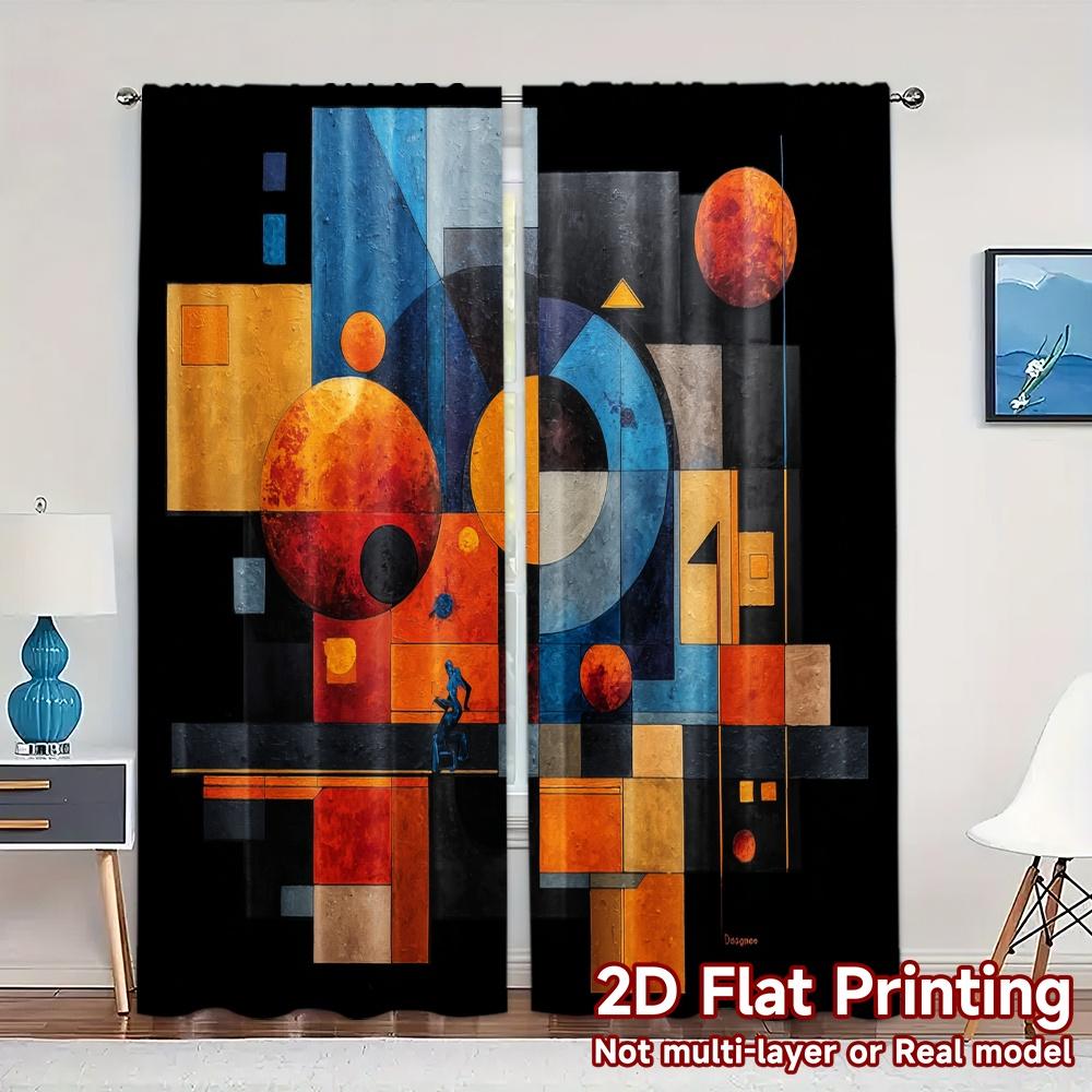 2pcs, 2D FLAT PRINTING Curtains (Without Rod) Cosmic Geometry Print Popular Curtains Prints Light Filtering Curtains Thermal
