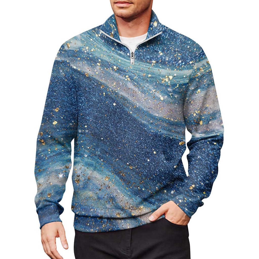 Men's Loose Casual 1/4 Zip Sweatshirt Fashion Printed Long Sleeve Top With Pockets