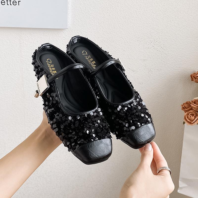 

French premium silver sequined bag head half slippers women s Korean version temperament Mary Jane single shoes summer flat bottom large size women s 33 чёрный
