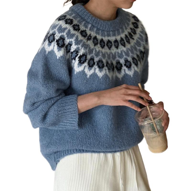 

Новый осенне-зимний свитер в этническом стиле с длинным рукавом и круглым вырезом L синий