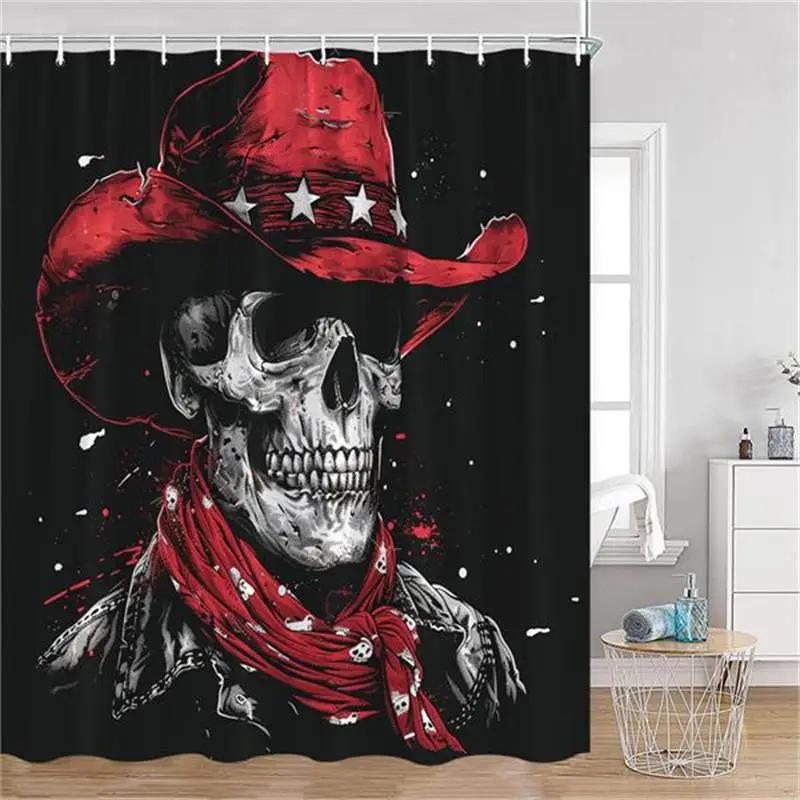 Floral Skull Shower Curtain Red Rose Flowers Skeleton Horror Halloween Bath Curtains Polyester Home Bathroom Decor with Hooks